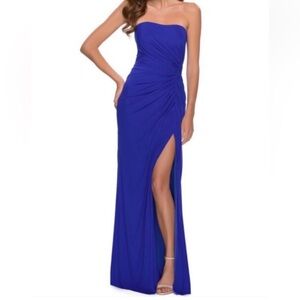 NWT La Femme Strapless Royal Blue jersey gown with slit and ruching - Sz 2
